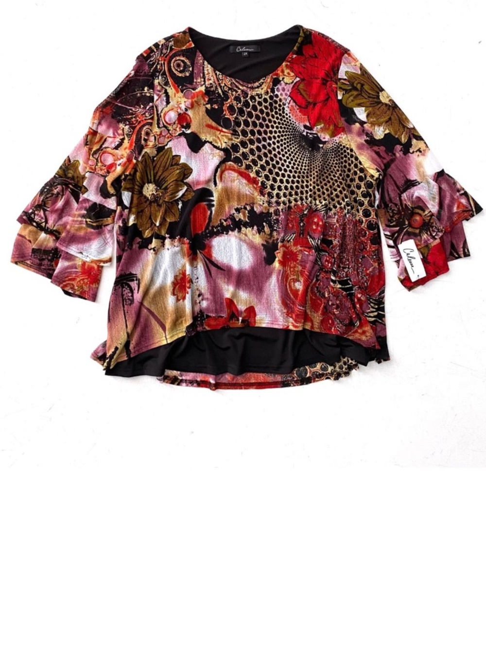 Calessa Blouse Tunic Floral Print Bell 3/4 Sleeve Mesh Lined Nwt 2X